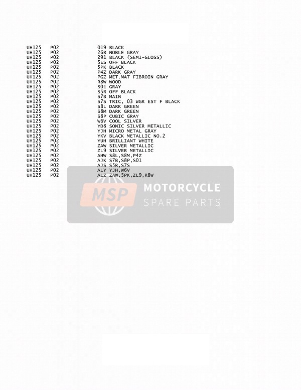 Suzuki UH125A BURGMAN 2014 Colour Chart for a 2014 Suzuki UH125A BURGMAN